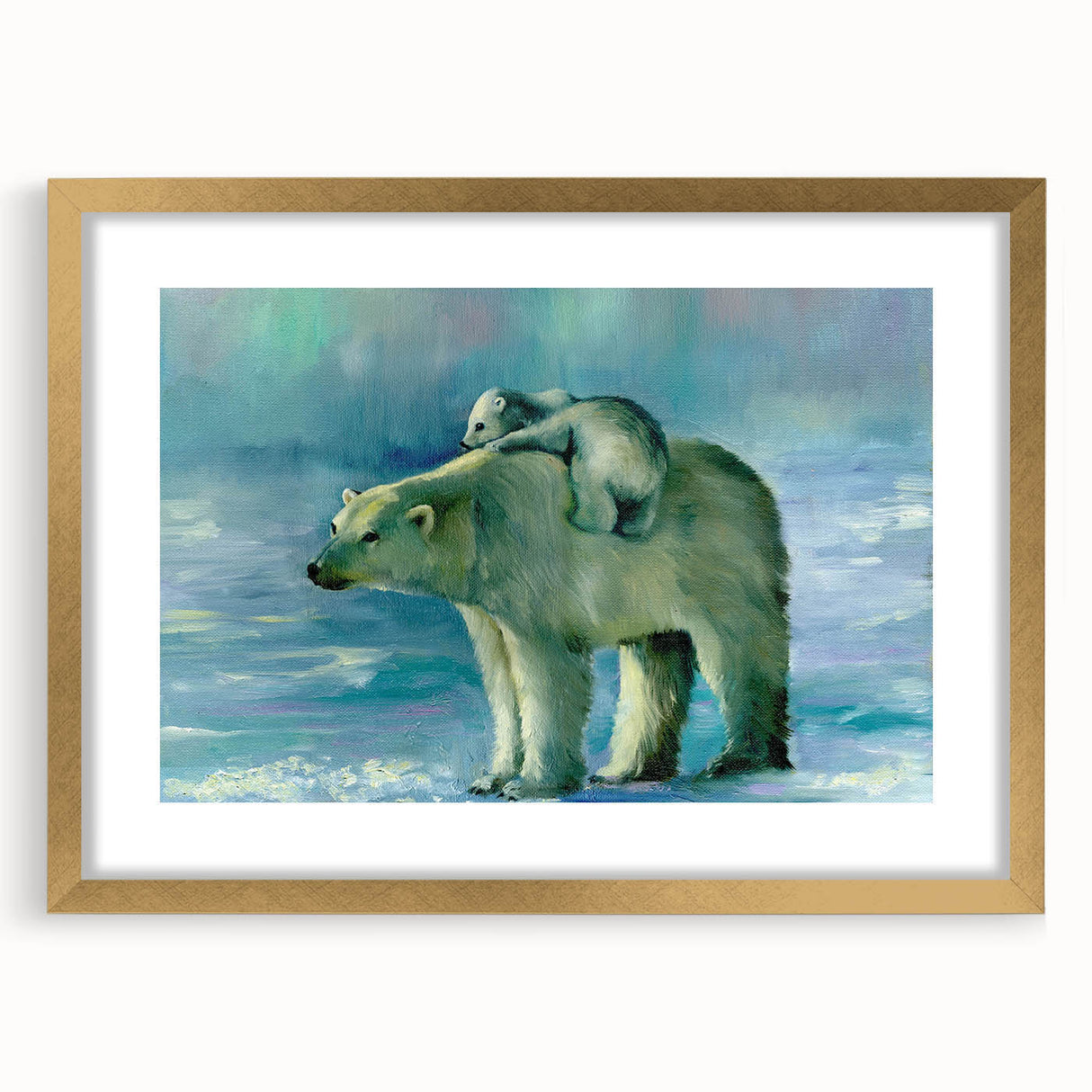 Polar bear wall art design featuring a stunning gold frame and mat, beautifully presented for home decor, highlighting the elegance of wildlife art in a modern setting.
