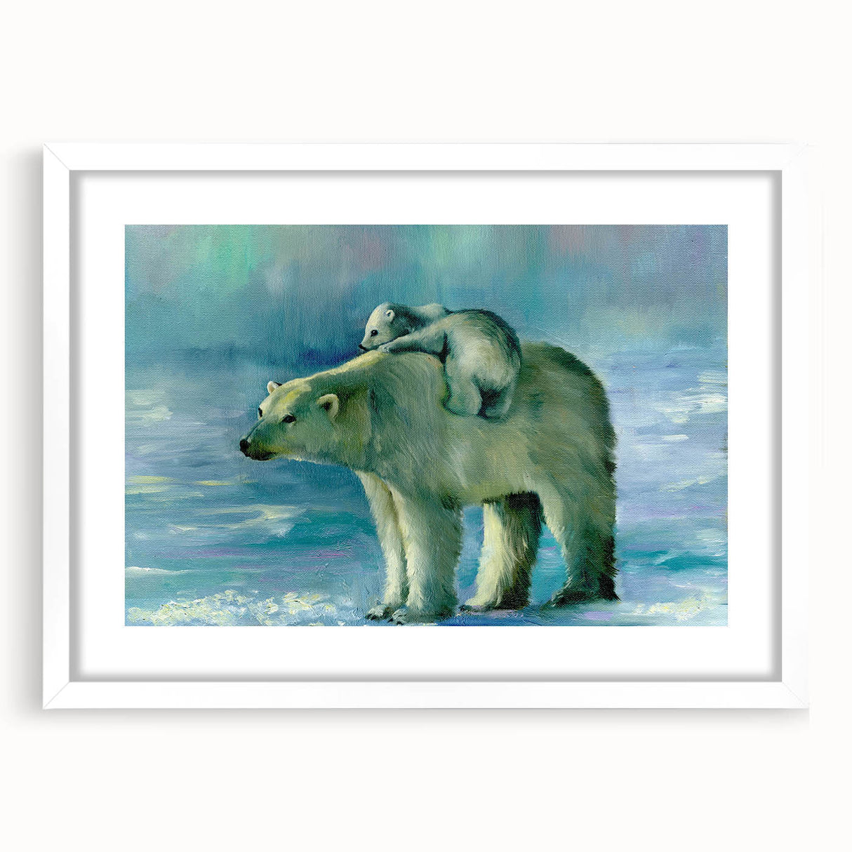 Polar bear-themed wall art design framed in white with a mat, showcasing a captivating illustration perfect for enhancing home decor and wildlife appreciation.
