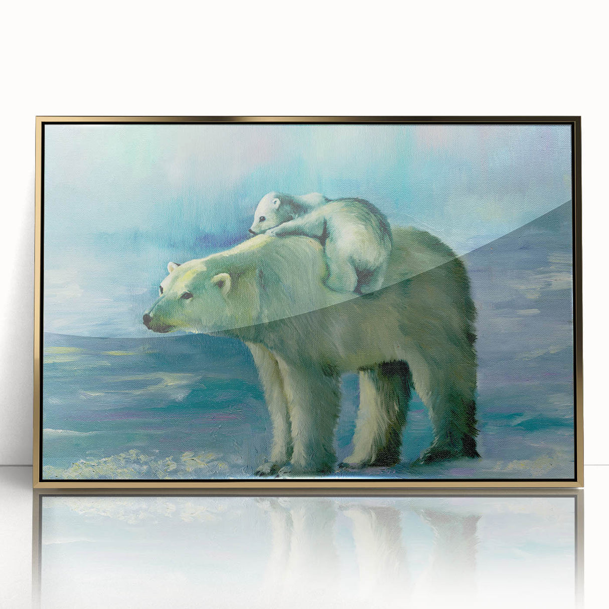 Framed wall art showcasing a striking polar bear design, featuring a gold-acrylic front, perfect for modern home decor. This piece adds a touch of elegance and nature-inspired beauty to any interior space.