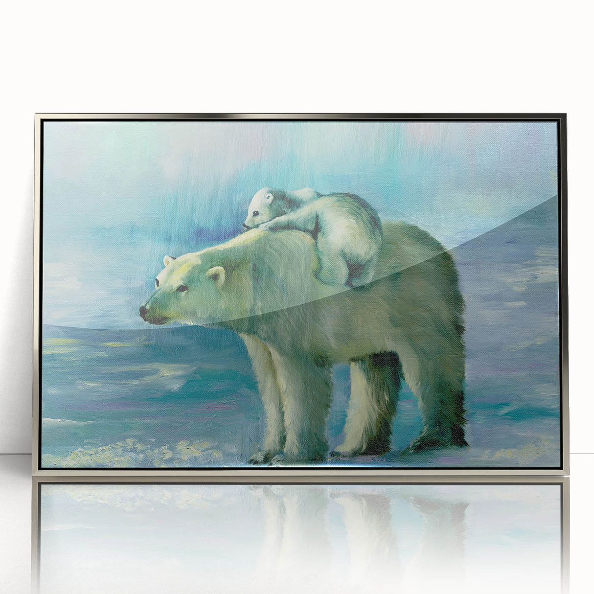 Framed wall art featuring a detailed polar bear design in a silver-acrylic frame, showcasing vibrant colors and textures, perfect for modern home decor.