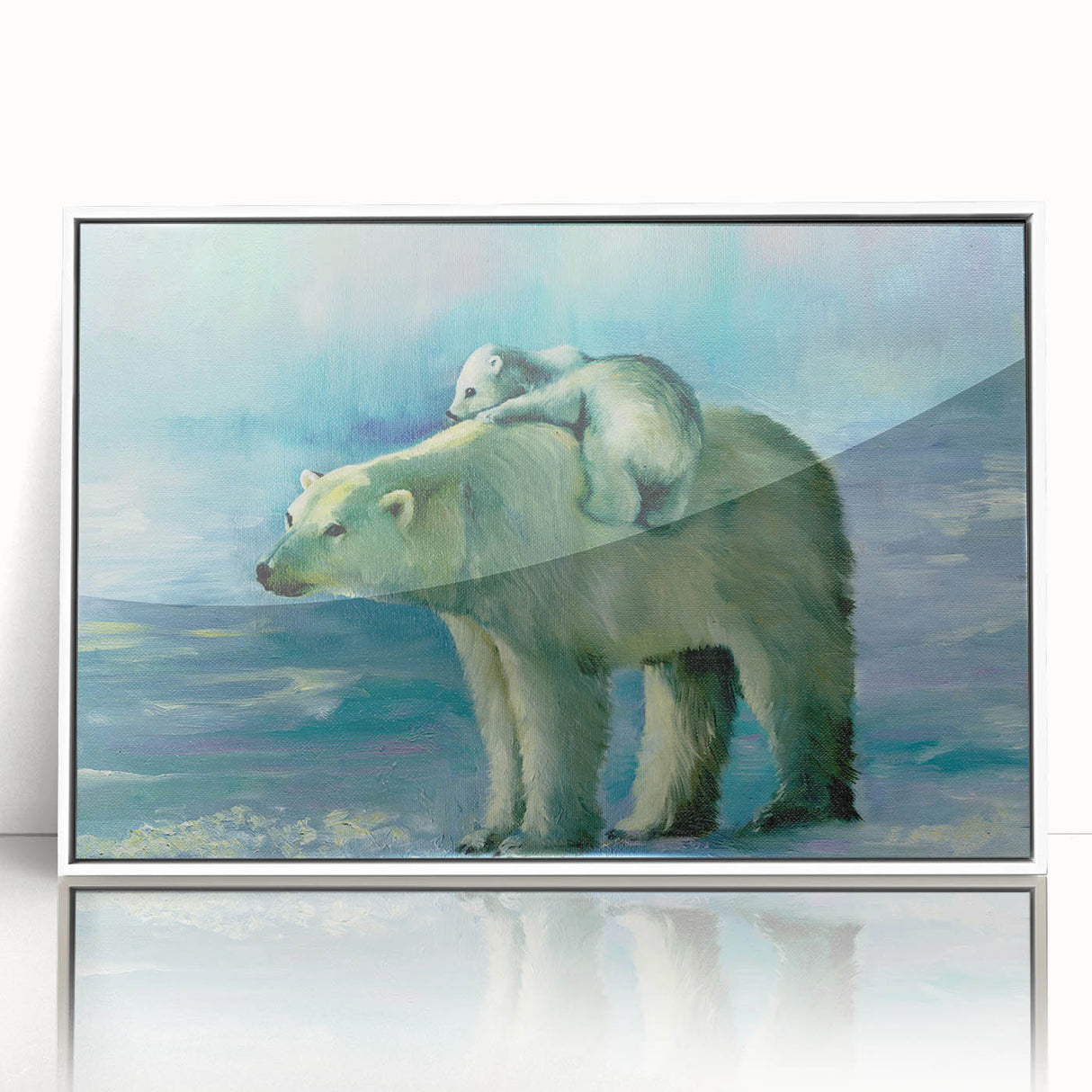 Framed wall art featuring a striking polar bear design in a white frame, showcasing intricate details and vibrant colors, ideal for modern home decor.
