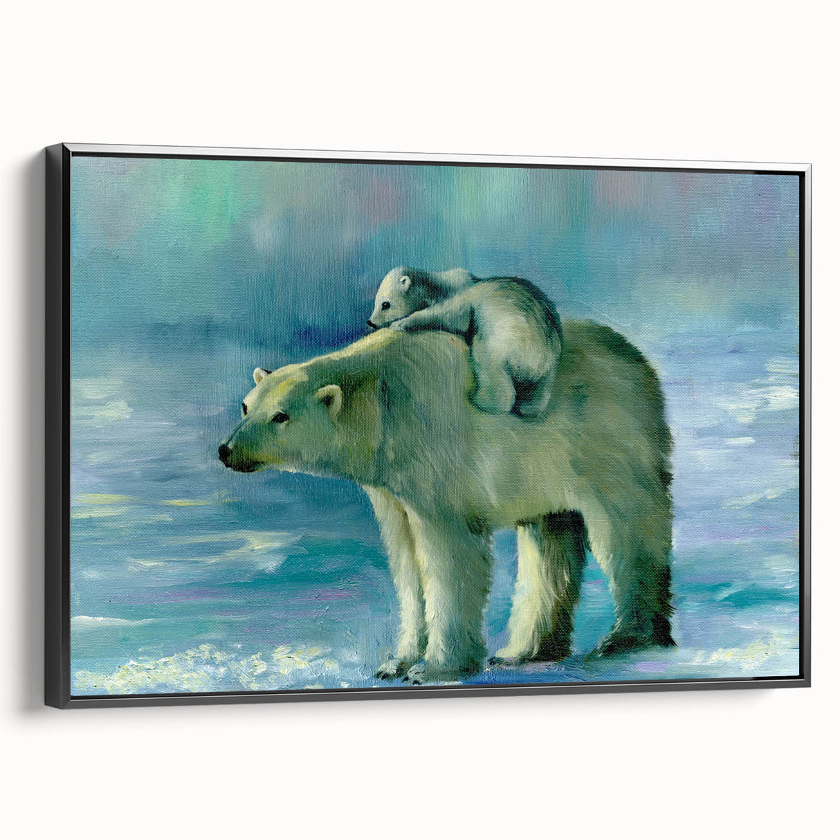 Framed polar bear wall art in a sleek black frame, showcasing a detailed design against a minimalist backdrop, ideal for modern home decor.