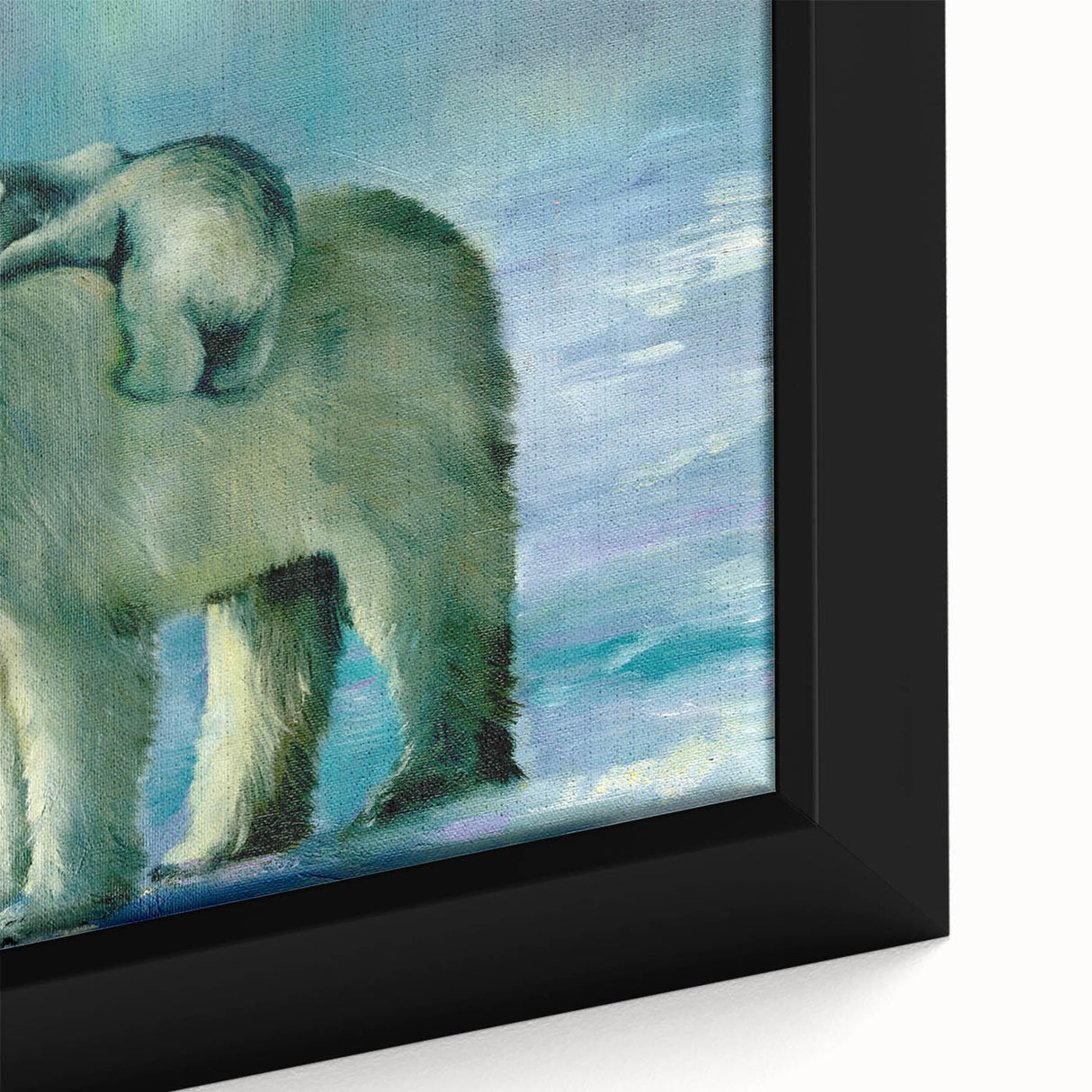Close-up of a framed polar bear wall art piece, showcasing intricate details and textures in the fur, ideal for adding a nature-inspired touch to home decor.