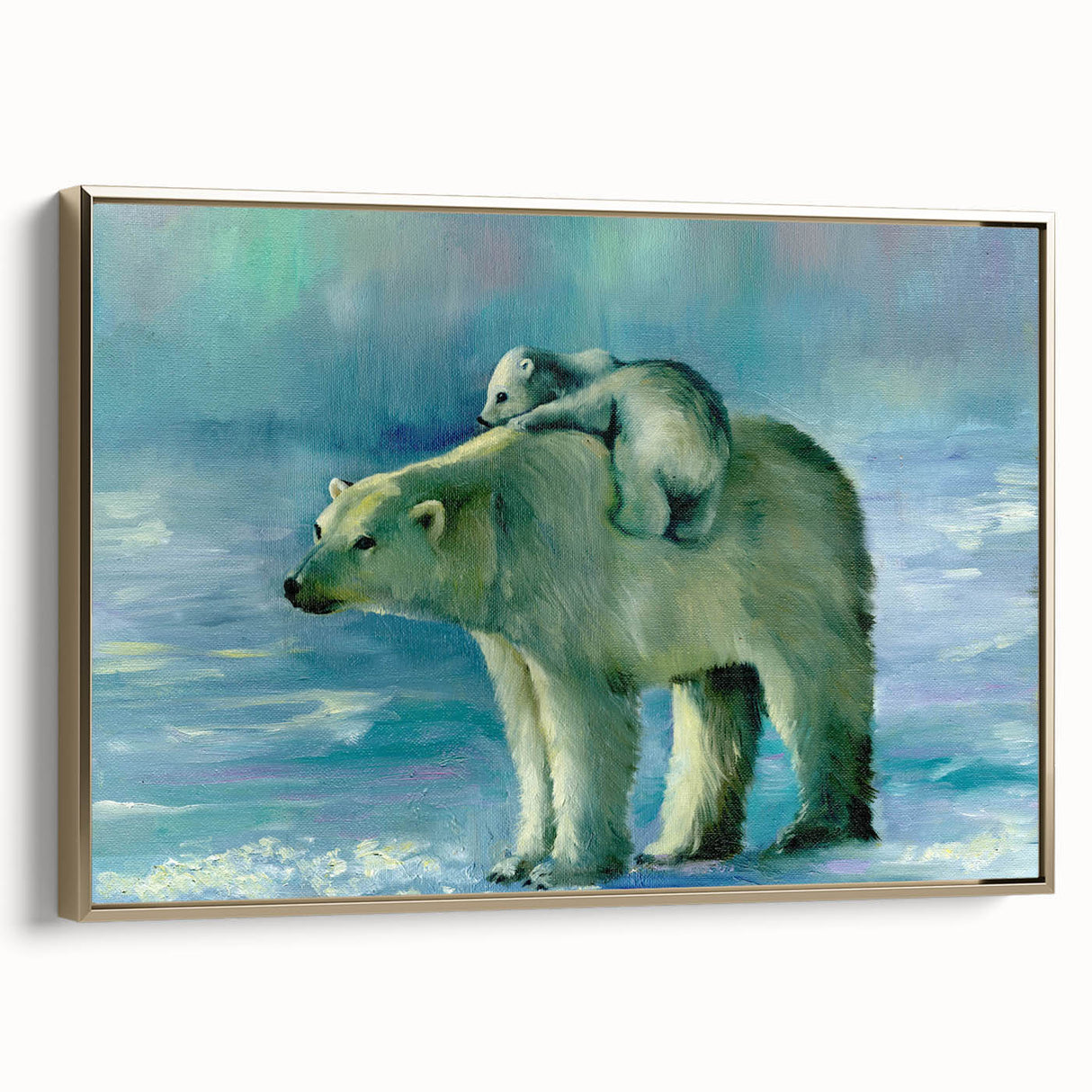Framed wall art featuring a polar bear design on canvas, accented with a gold frame, showcasing a side view ideal for modern home decor. Perfect for animal lovers.