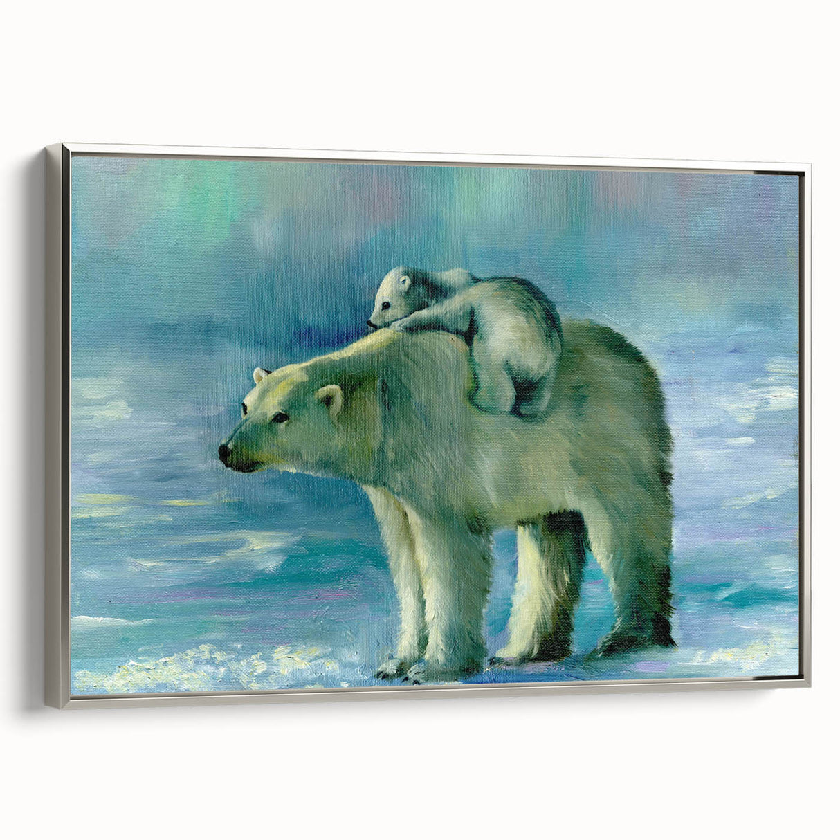 Framed wall art featuring a stylish polar bear design on canvas, showcased in a sleek silver frame, perfect for modern decor. Ideal for wildlife enthusiasts.