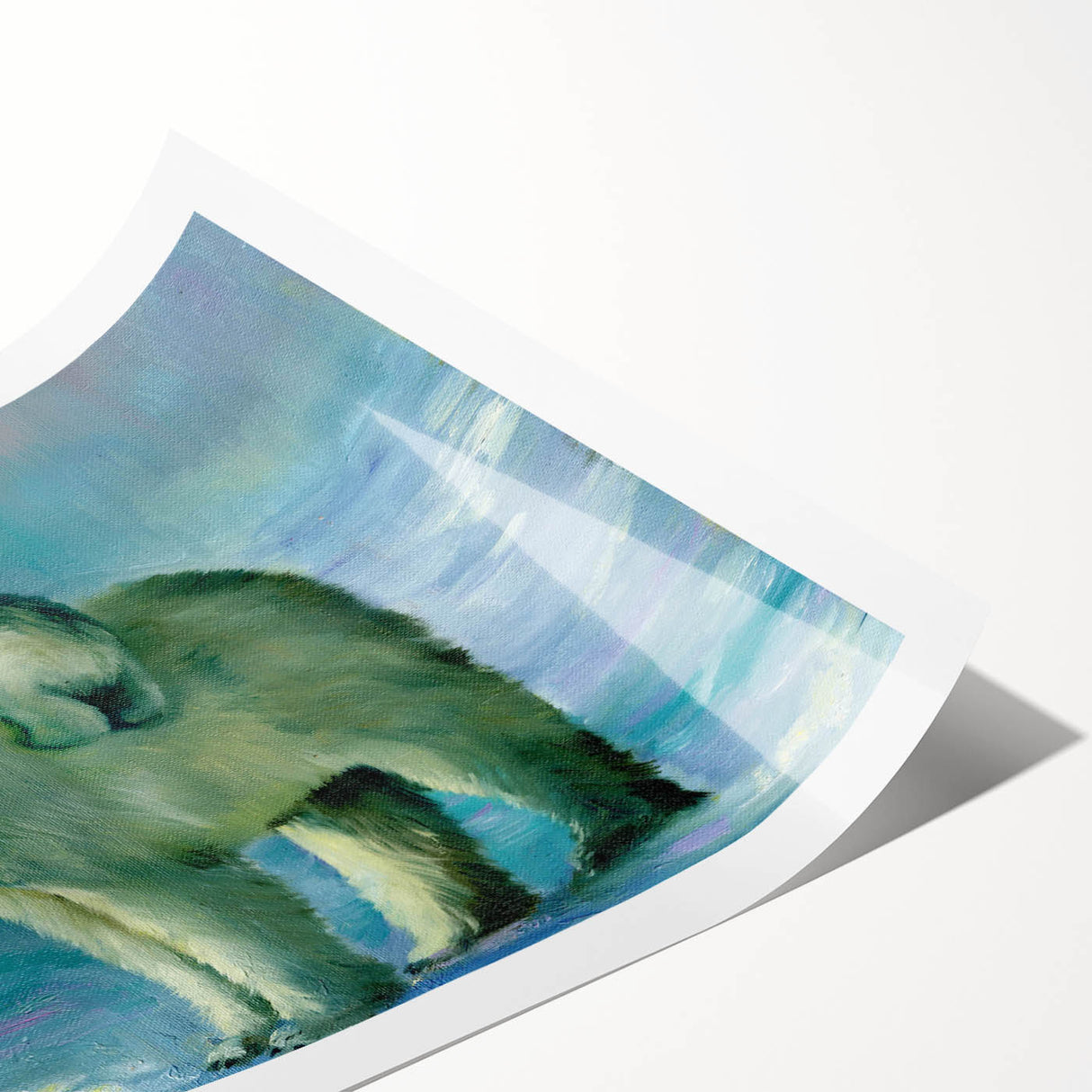 Polar bear design wall art print featuring a minimalist style with soft blue and white tones, showcasing the majestic animal in its natural habitat. Perfect for home decor or wildlife enthusiasts.