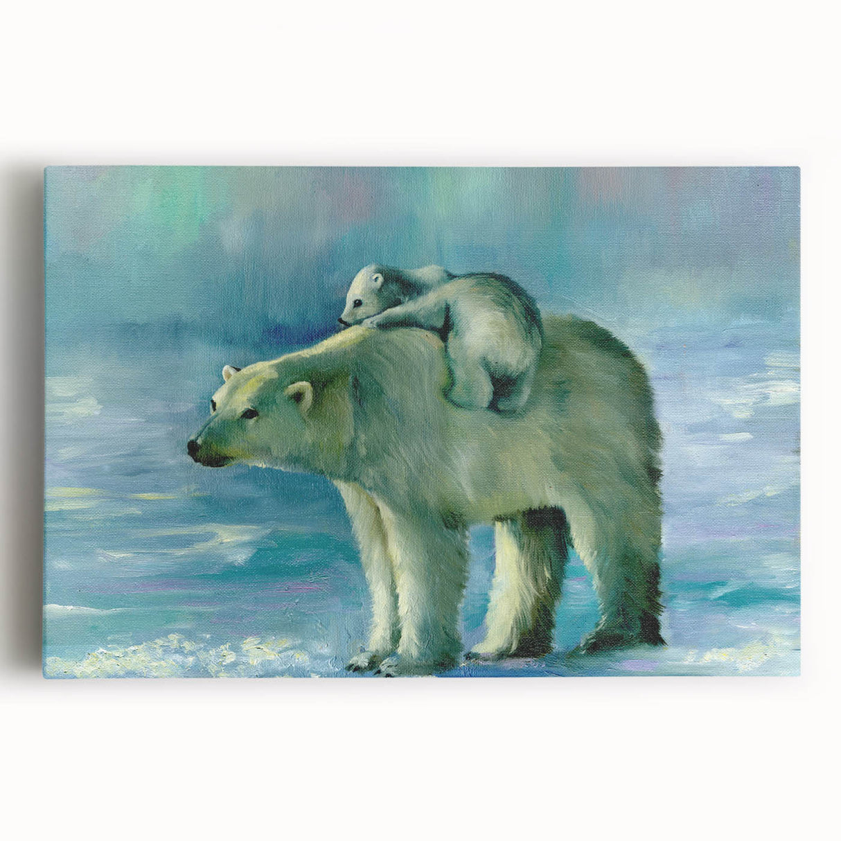 Stretched canvas showcasing a striking polar bear design in vibrant colors, ideal for adding a touch of nature-themed decor to any space.