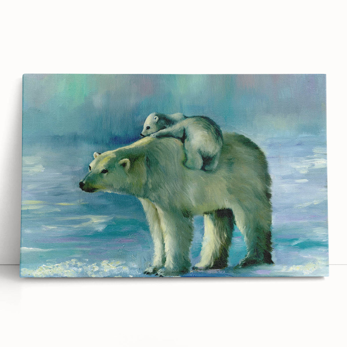 Stretched canvas wall art featuring a serene polar bear design, showcasing vibrant colors and intricate details, perfect for home decor or wildlife enthusiasts.