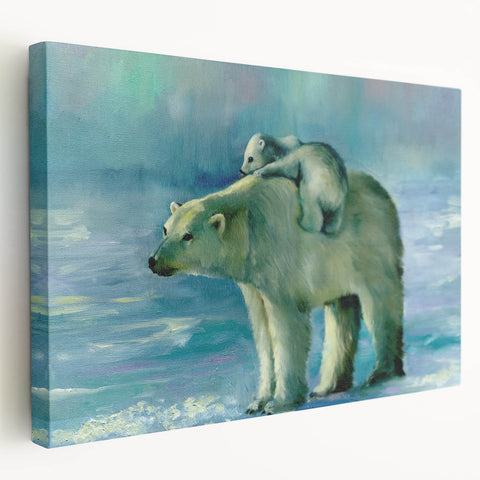 Polar bear wall art design on stretched canvas, showcasing a side view of the bear against a snowy backdrop, perfect for nature-themed decor.