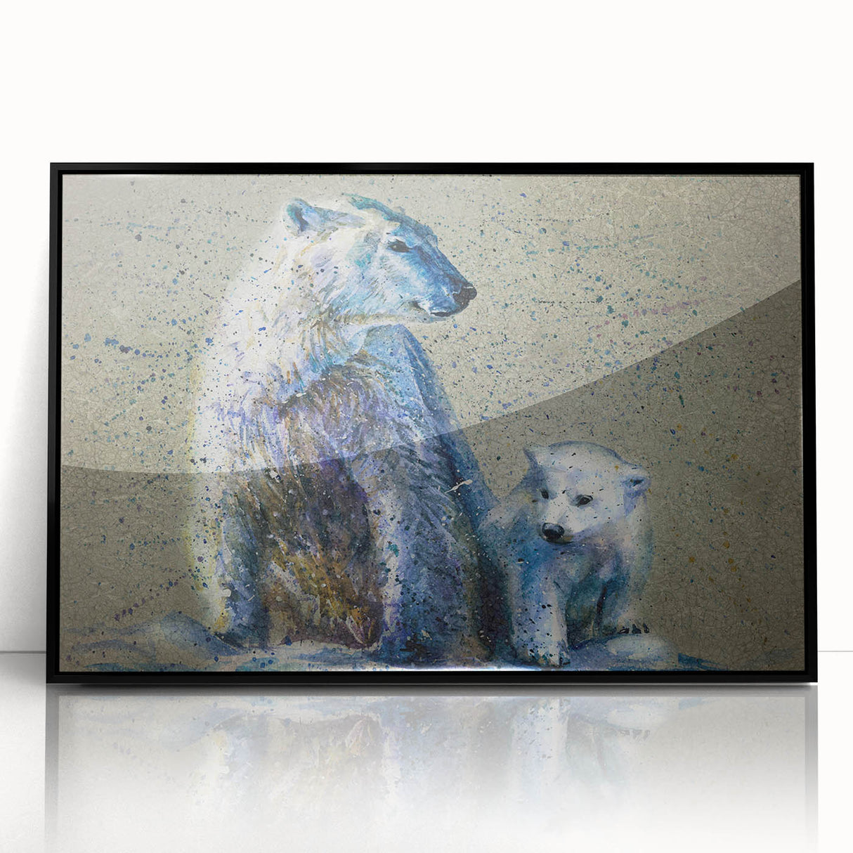 Framed wall art featuring a striking polar bear design with a black acrylic frame, showcasing intricate details and vivid colors, perfect for home decor.