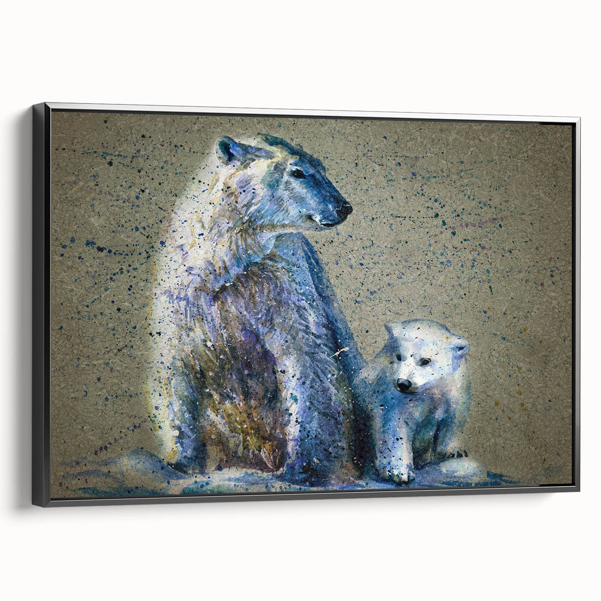 Framed wall art featuring a polar bear design on a black canvas, showcasing intricate details and textures, ideal for wildlife-themed home decor.