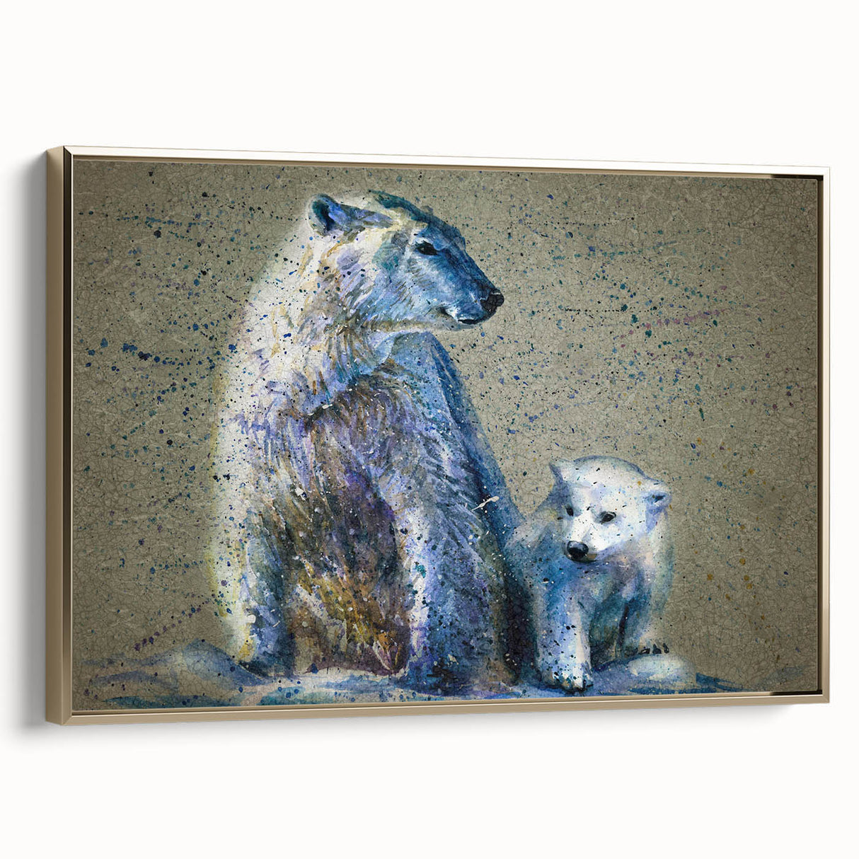 Framed wall art featuring a stunning polar bear design in a gold frame, showcasing intricate details and a side view perspective, ideal for nature enthusiasts and modern decor.