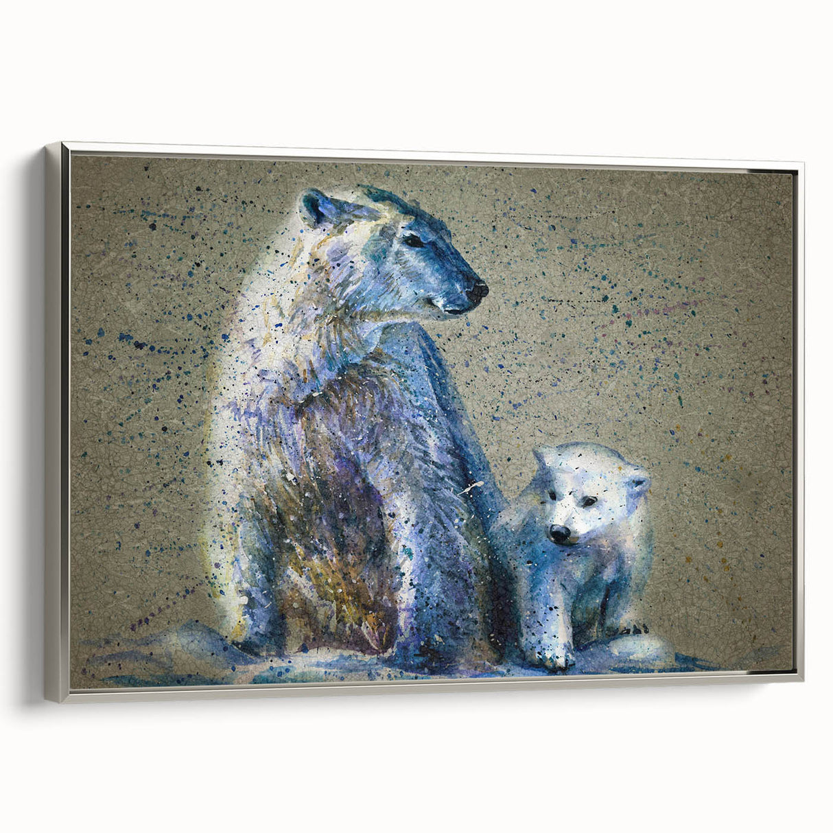 Framed wall art showcasing a polar bear design on a silver canvas, highlighting intricate details and textures, perfect for nature-themed decor.