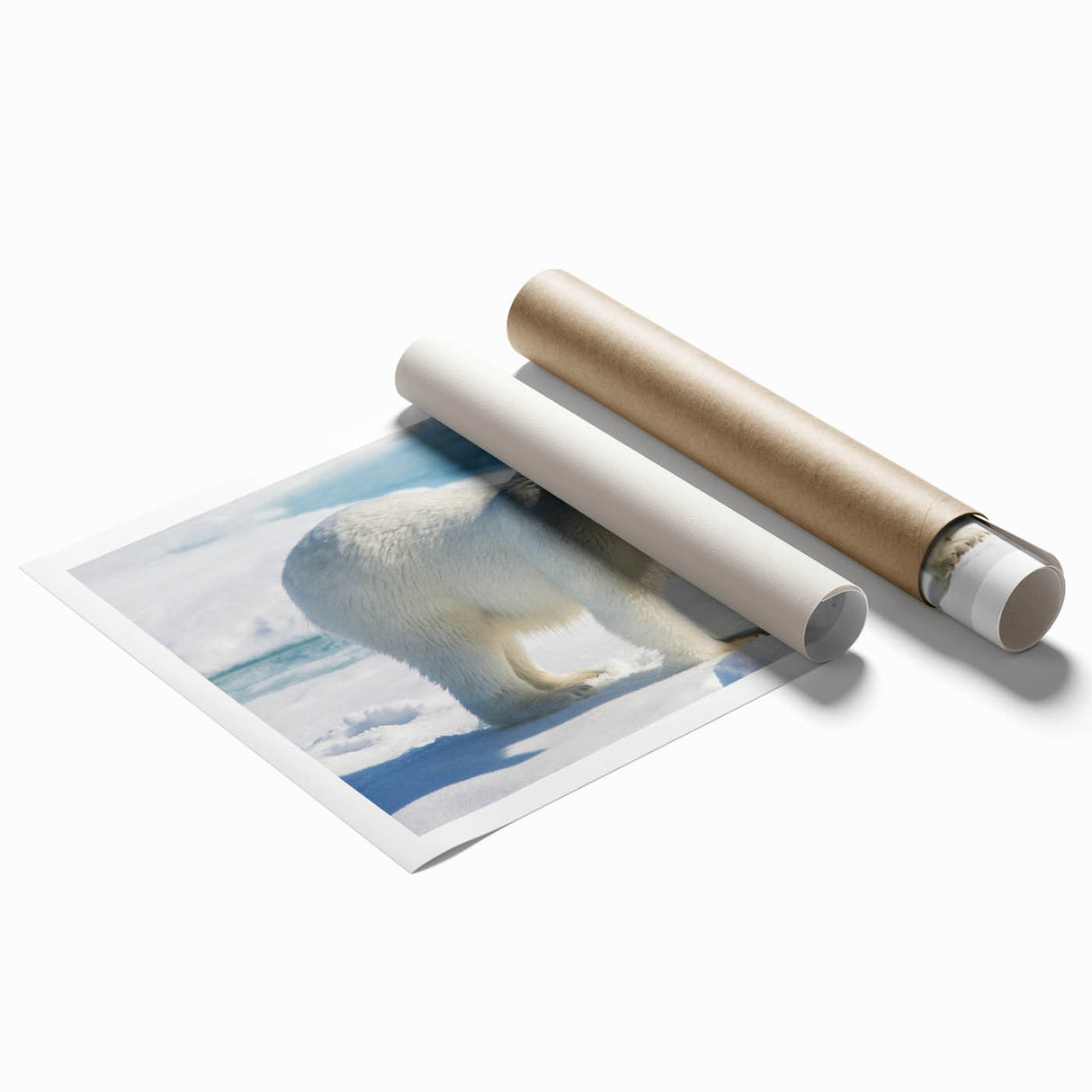 Polar bear wall art print showcasing a minimalist design with a soft color palette of white and light blue, ideal for nature-themed decor. Perfect for adding a serene touch to any space.