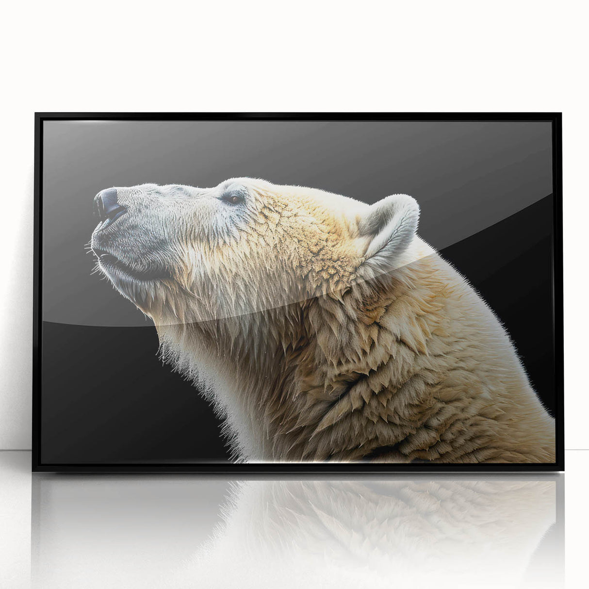 Framed wall art featuring a striking polar bear design with a black acrylic frame, perfect for adding a modern touch to home decor. This piece showcases the beauty of wildlife art in a contemporary setting.