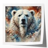 Polar bear wall art design showcasing a striking, glossy print featuring a majestic polar bear against a serene icy background, perfect for home decor.