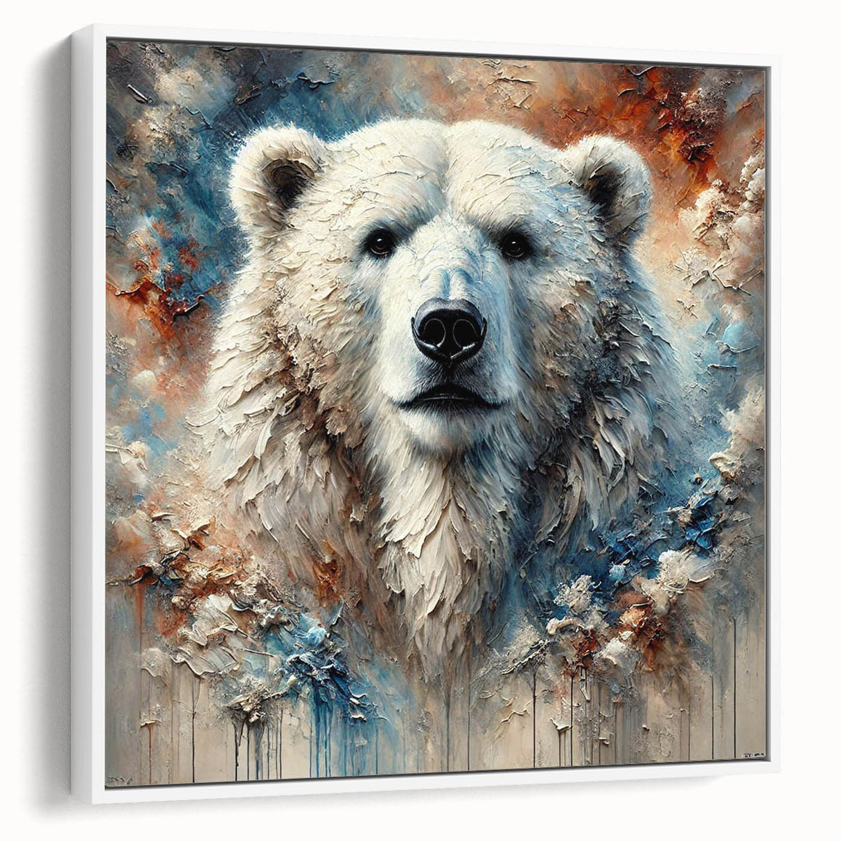 Framed canvas wall art featuring a polar bear design in a minimalist white frame, showcasing a side view of the artwork, perfect for adding a touch of nature to home decor.