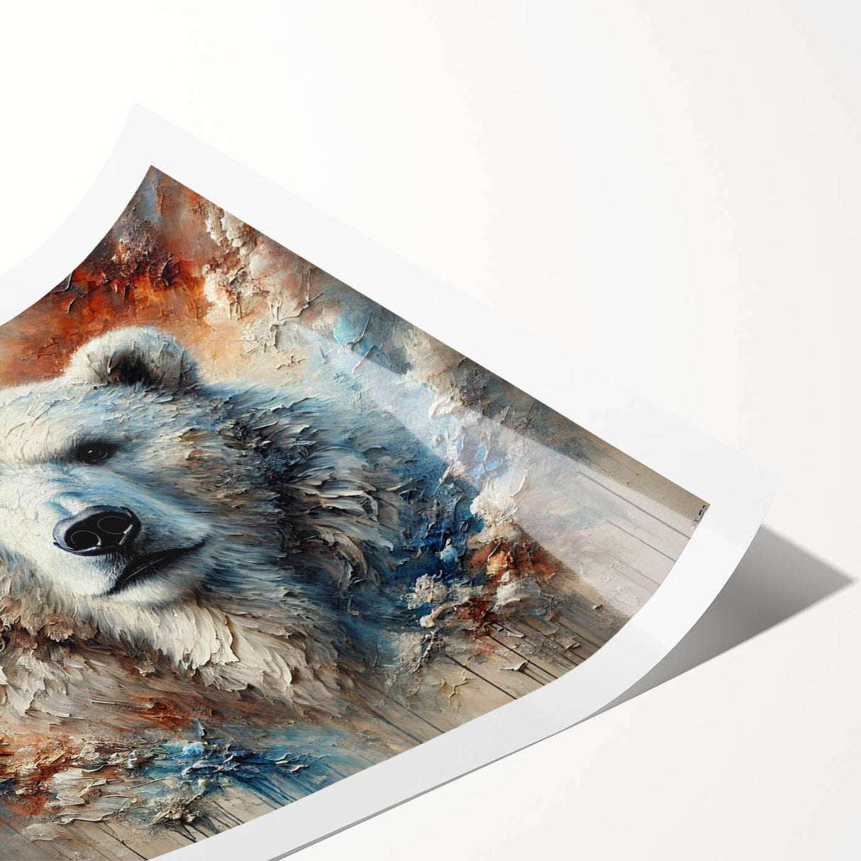 Polar bear wall art print showcasing a majestic polar bear in a snowy landscape, designed for home decor enthusiasts. This rolled print captures the beauty of wildlife art, perfect for adding a touch of nature to any interior space.