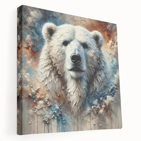 Stretched canvas wall art depicting a detailed polar bear design, showcasing vibrant colors and textures, ideal for wildlife enthusiasts and modern decor.