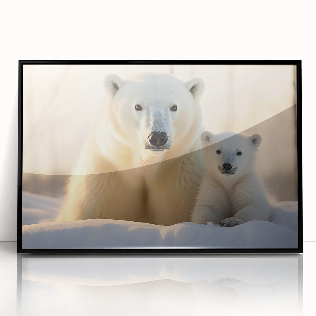 Framed wall art featuring a striking polar bear design, showcasing a black acrylic frame and clear glass front, perfect for modern home decor and wildlife enthusiasts.