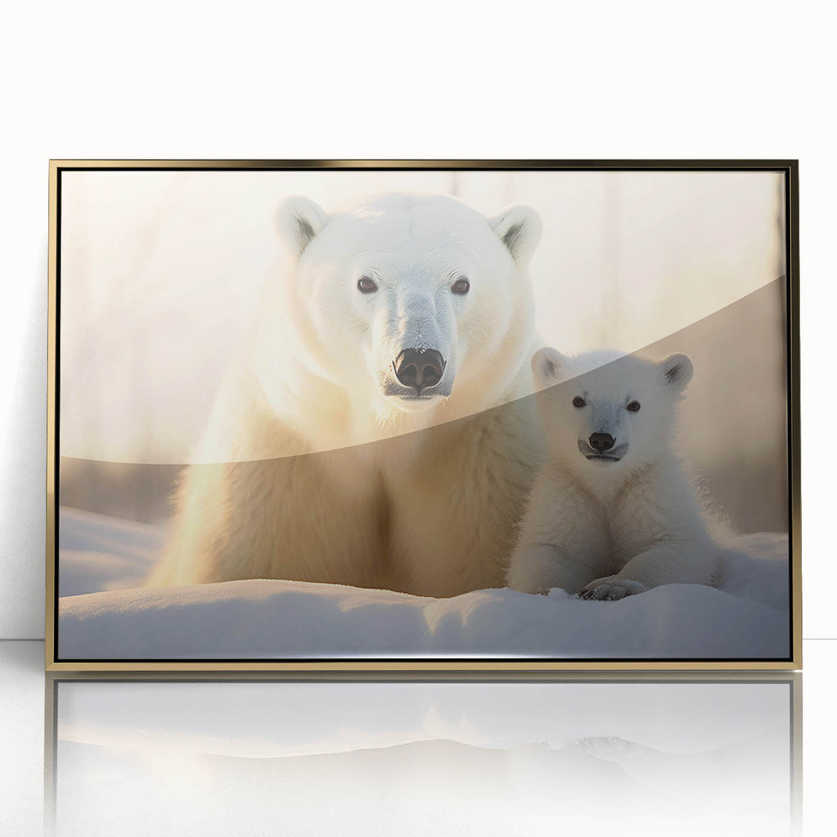 Framed wall art showcasing a stunning polar bear design, featuring a gold-accented acrylic front, ideal for modern home decor. Perfect for animal lovers and nature enthusiasts.