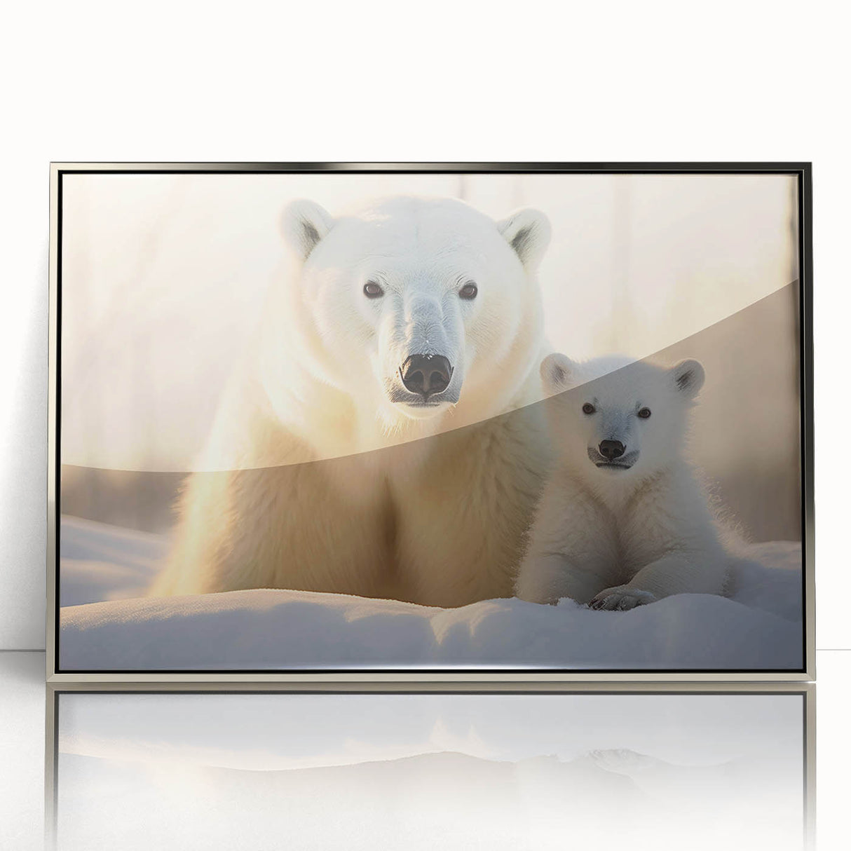 Framed acrylic wall art showcasing a striking polar bear design, highlighted by a sleek silver frame, perfect for enhancing modern home decor.
