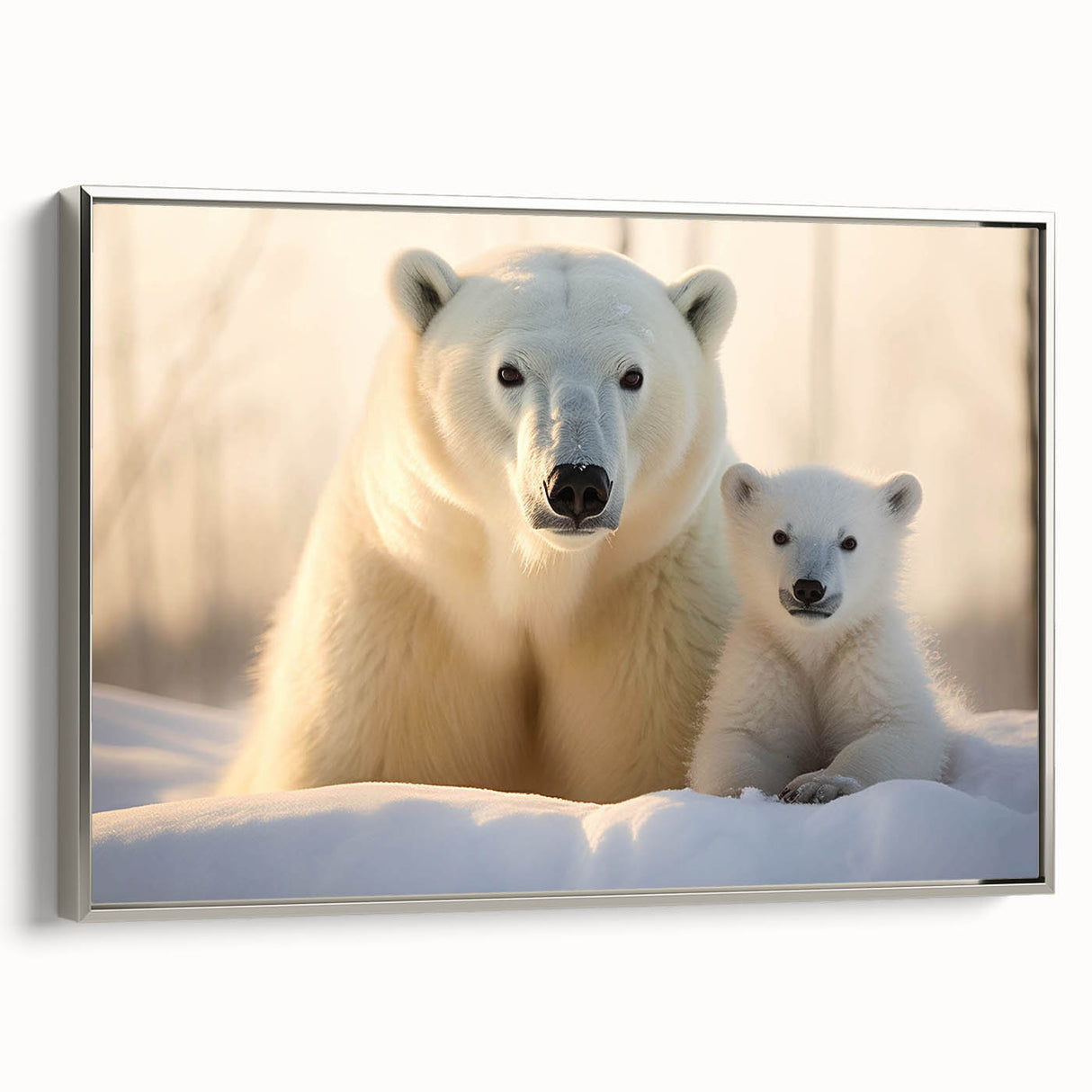 Framed wall art featuring a polar bear design on a textured canvas, showcased from a silver side view, perfect for adding a modern touch to any room decor.