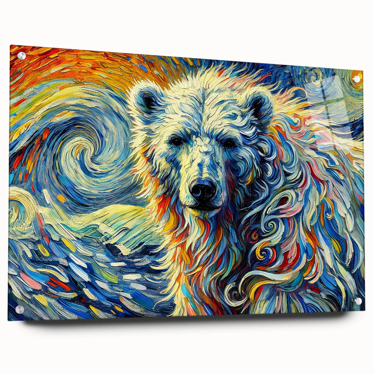 Side view of a polar bear wall art piece displayed in a sleek acrylic frame, showcasing intricate design details and vibrant colors, perfect for wildlife enthusiasts.