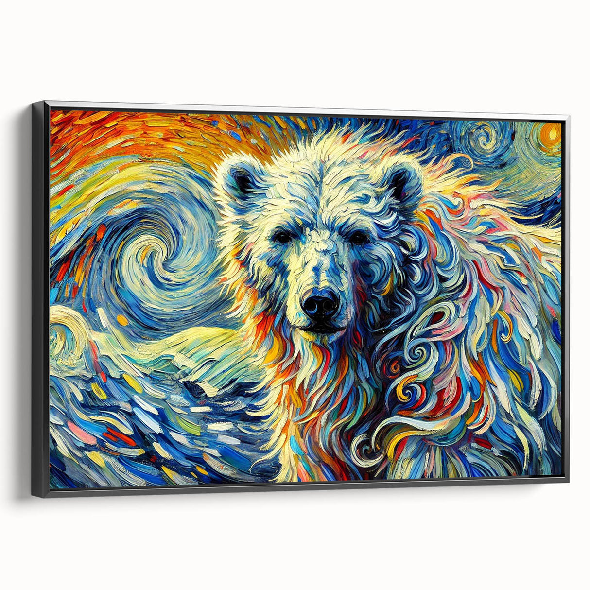 Framed wall art featuring a polar bear design on canvas, showcasing a black frame and side view for depth. Ideal for nature-themed decor, this piece adds a touch of wildlife elegance to any space.