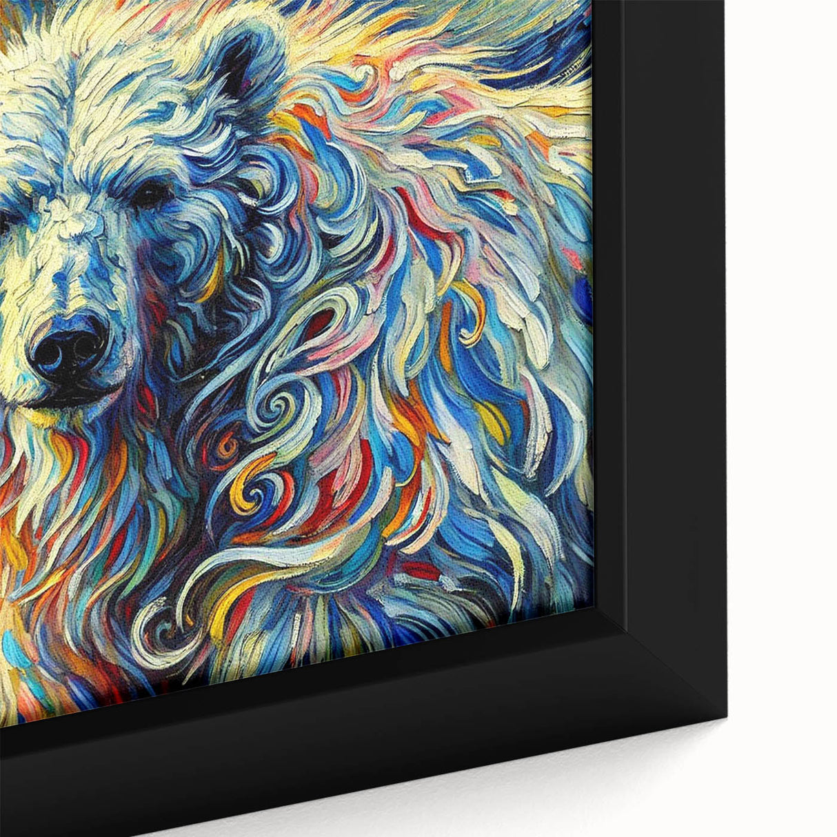 Close-up of a framed polar bear wall art canvas showcasing intricate details and textures, perfect for enhancing home decor with wildlife-themed artistry.