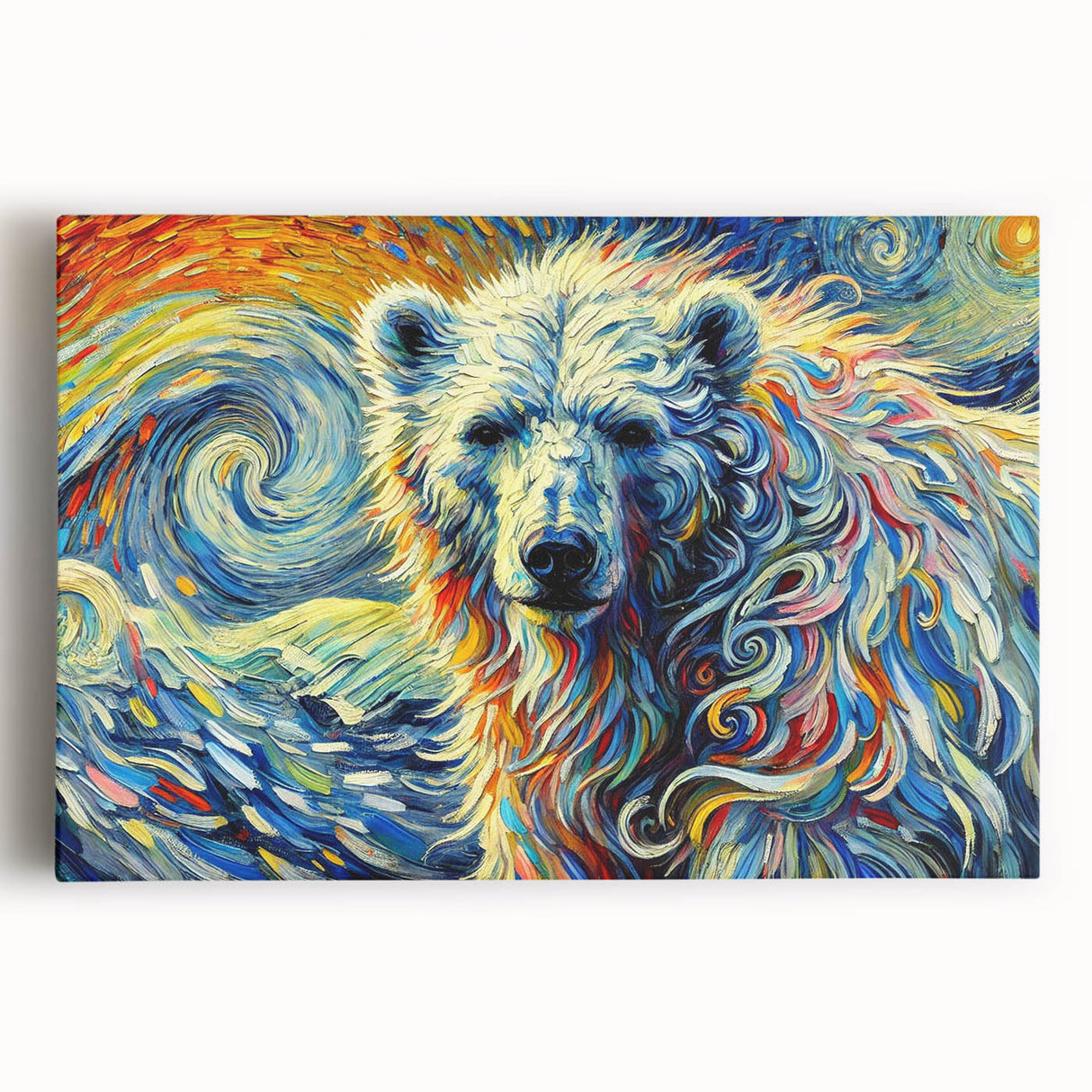 Stretched canvas wall art featuring a detailed polar bear design, showcasing a serene Arctic scene with soft blue tones, perfect for wildlife enthusiasts and home decor.