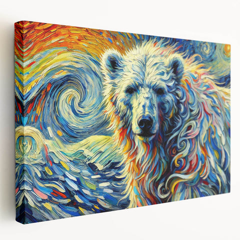 Polar bear wall art design on stretched canvas, showcasing a side view of the majestic animal in a frosty landscape, perfect for nature-themed decor.