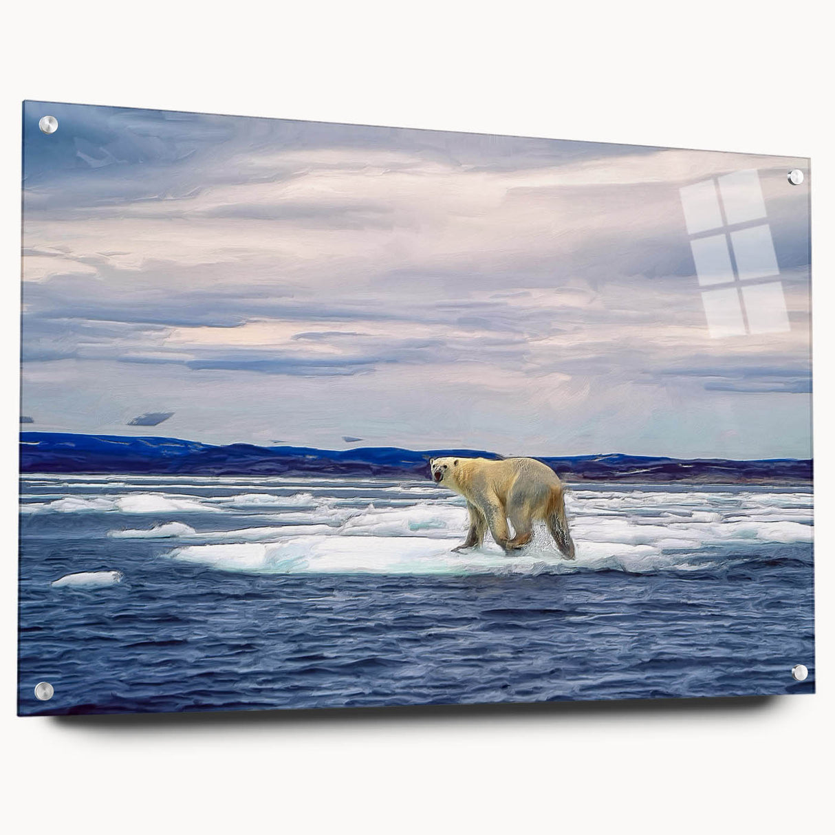 Polar bear wall art design displayed in acrylic glass, showcasing a side view with unique pin details, perfect for contemporary home decor and wildlife enthusiasts.