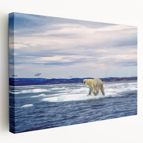 Stretched canvas wall art showcasing a striking polar bear design in vibrant colors, displayed from a side view, perfect for home decor.