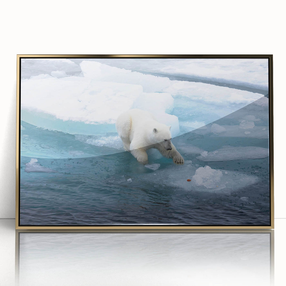 Framed wall art showcasing a striking polar bear design with gold accents in an acrylic frame, ideal for enhancing modern home decor and wildlife enthusiasts' spaces.
