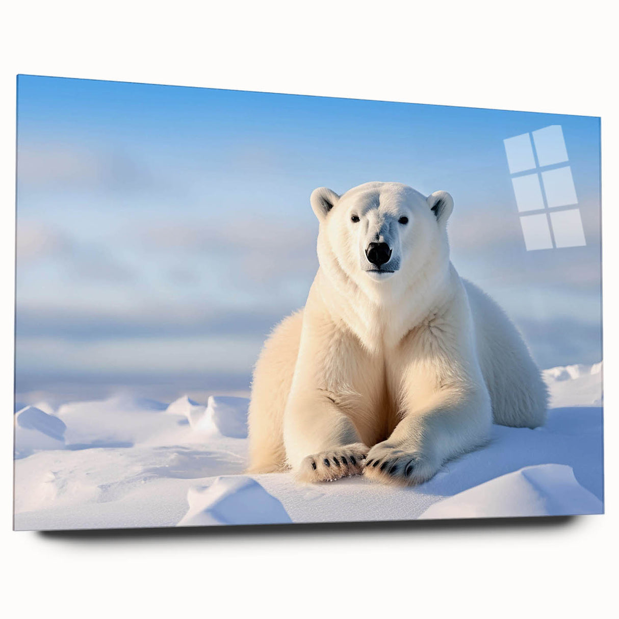 Side view of a polar bear design wall art piece displayed in a sleek acrylic frame, showcasing vibrant colors and intricate details, perfect for modern decor.