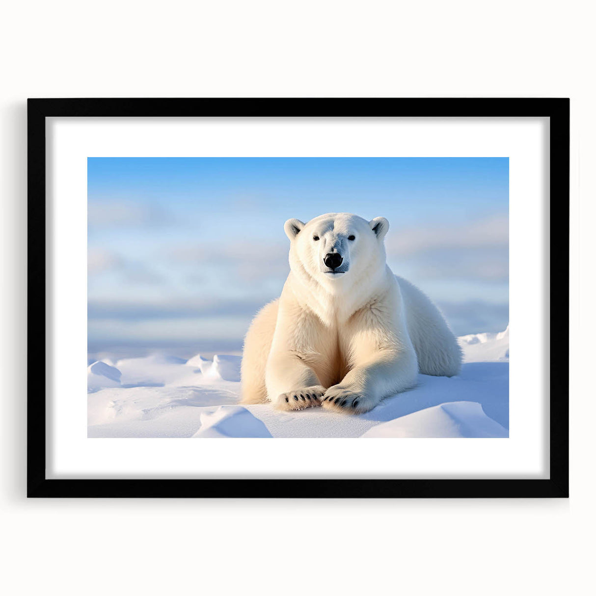 Polar bear wall art design featuring a striking black frame and mat, showcasing a contemporary illustration perfect for home decor. Ideal for animal lovers and eco-conscious spaces.