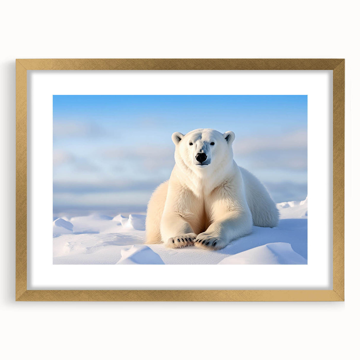 Framed wall art featuring a polar bear design with a gold mat and frame, showcasing vibrant colors and intricate details, perfect for wildlife decor enthusiasts.