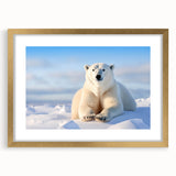 Framed wall art featuring a polar bear design with a gold mat and frame, showcasing vibrant colors and intricate details, perfect for wildlife decor enthusiasts.