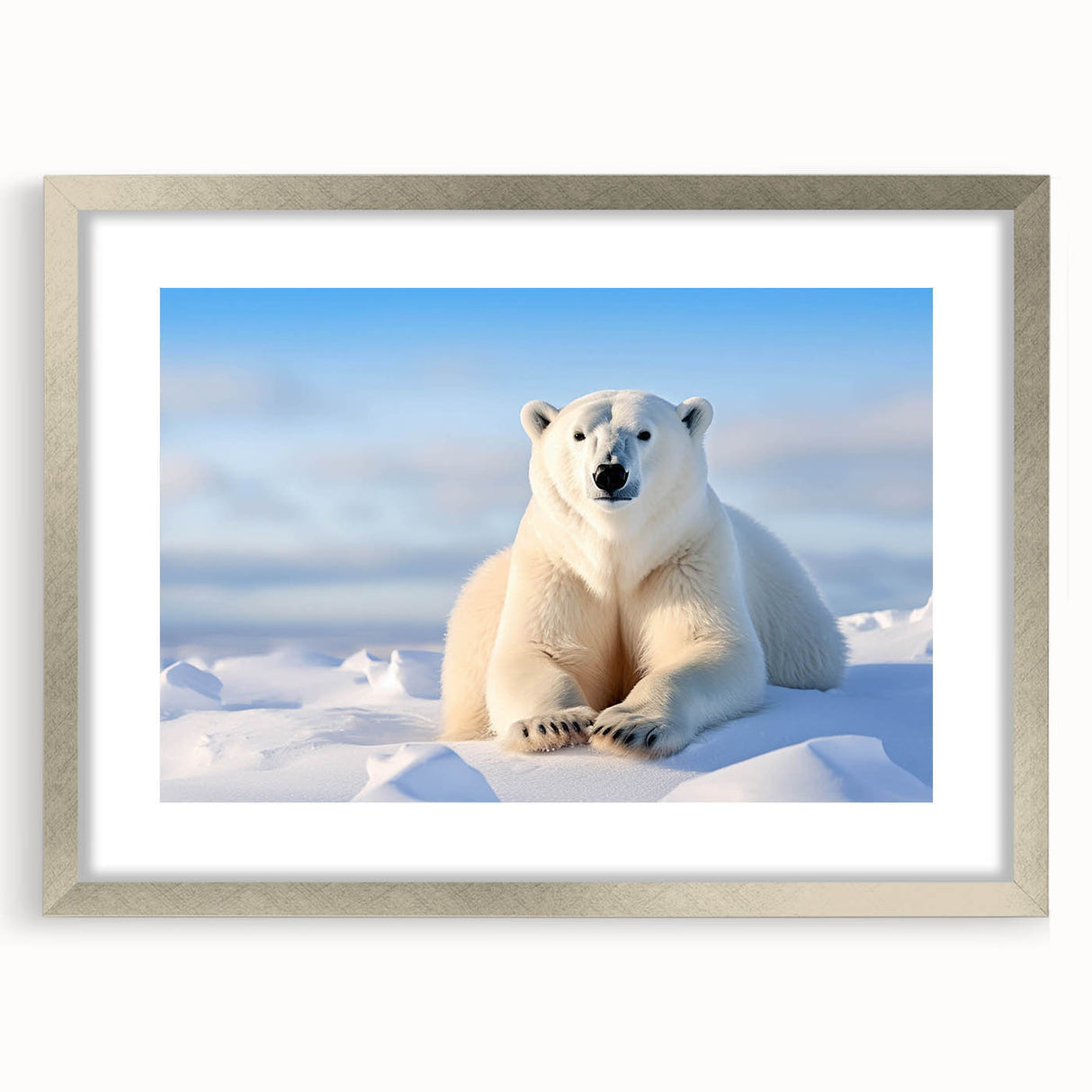 Polar bear wall art design in a sleek silver frame with a mat, showcasing a striking illustration of a majestic polar bear, perfect for modern decor.