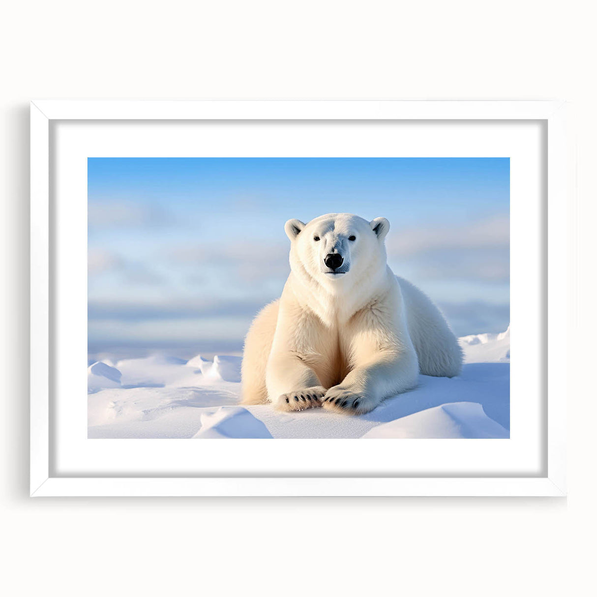 Framed wall art featuring a polar bear design, elegantly set in a white mat, showcasing intricate details against a clean backdrop, perfect for home decor.
