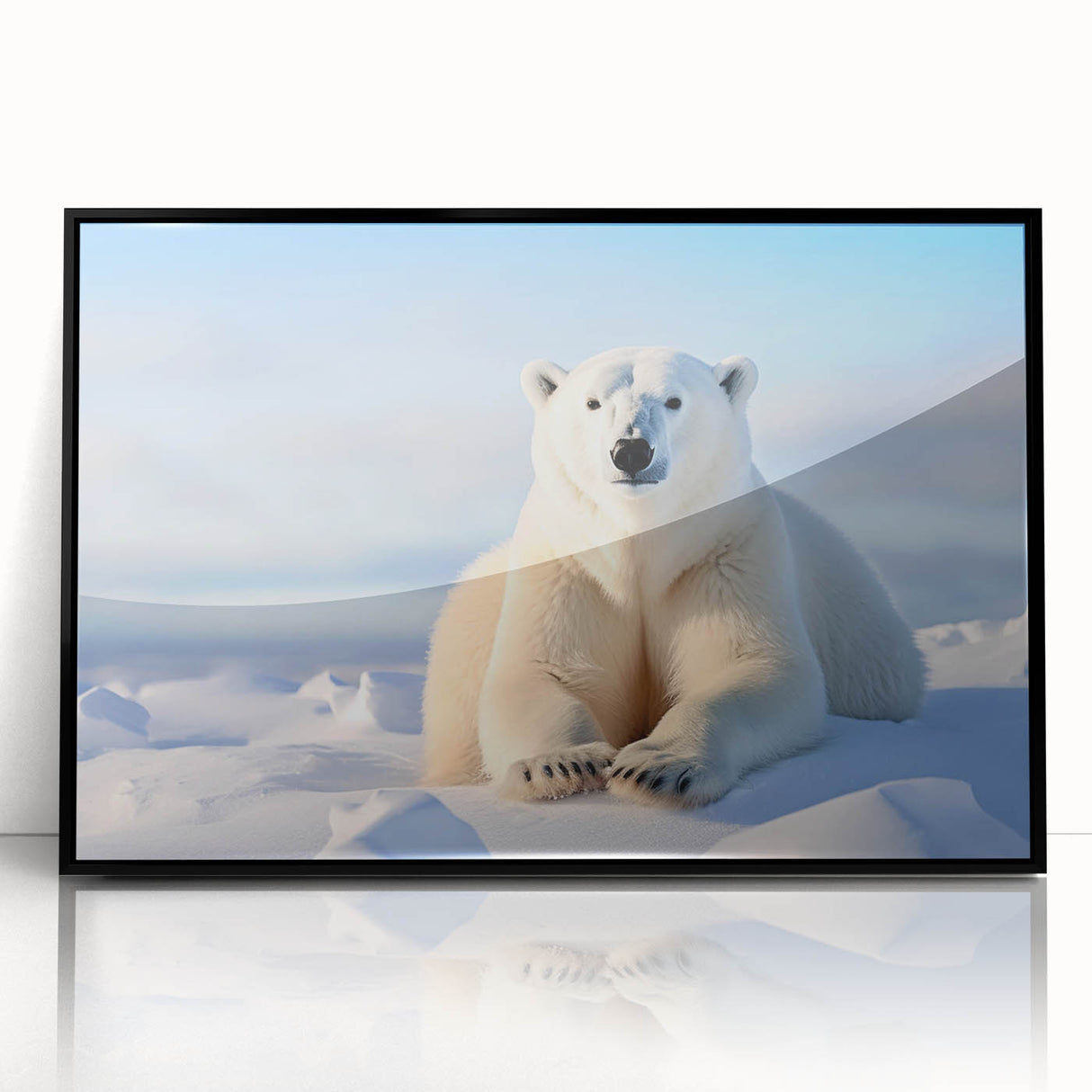 Framed polar bear wall art featuring a striking black acrylic front, showcasing a minimalist design perfect for modern decor. Ideal for wildlife enthusiasts and eco-friendly interiors.