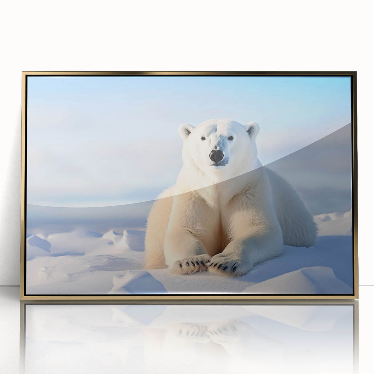 Framed wall art showcasing a polar bear design, featuring a gold acrylic front for a modern look. Ideal for animal lovers and home decor enthusiasts.