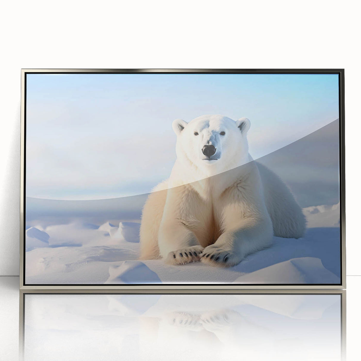 Framed acrylic wall art showcasing a sleek polar bear design in silver, perfect for modern decor. This striking front view emphasizes the bear's majestic form and intricate details, ideal for animal lovers and contemporary interior styles.