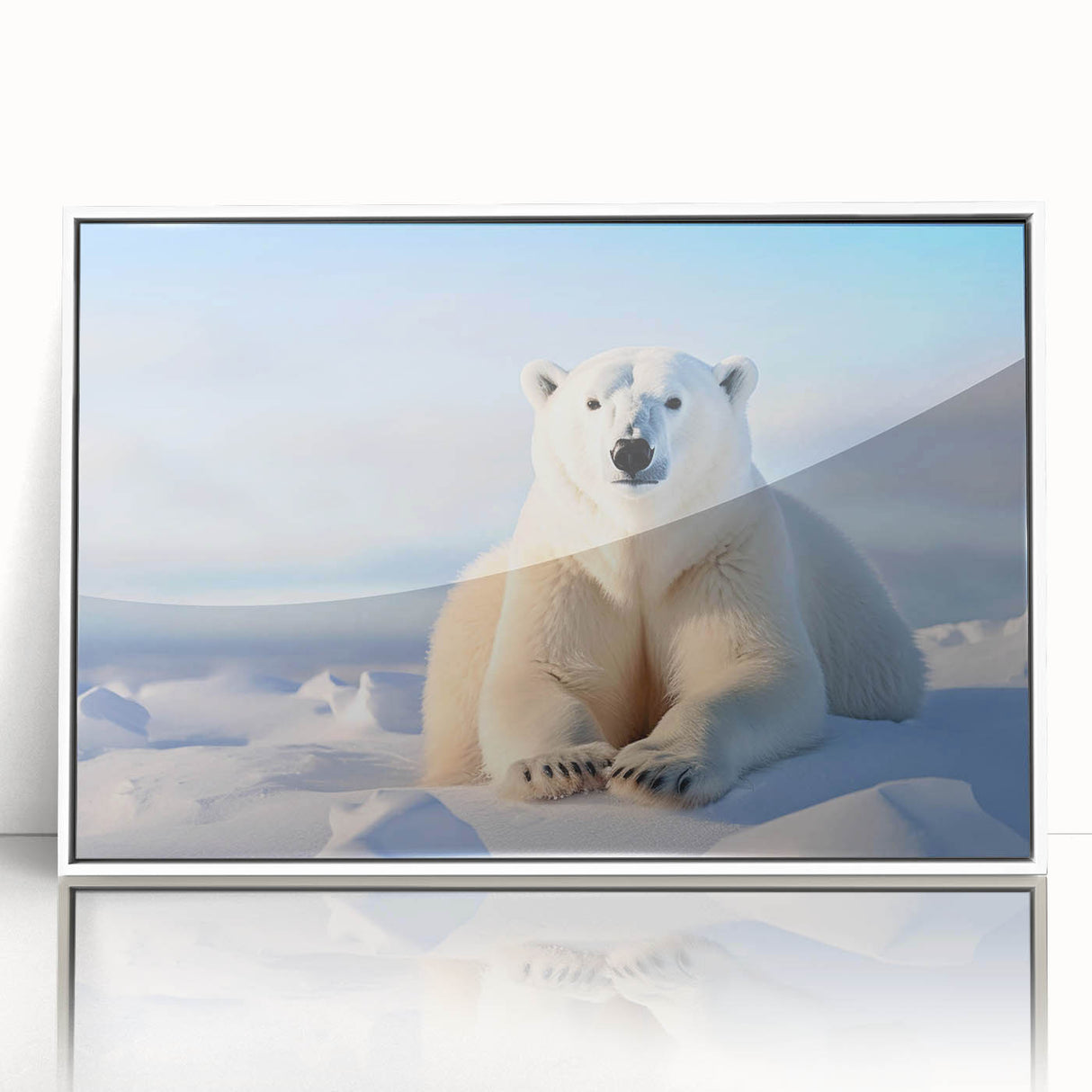 Framed acrylic wall art showcasing a striking polar bear design in a white frame, ideal for adding a touch of nature-inspired decor to modern interiors.