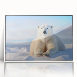 Framed acrylic wall art showcasing a striking polar bear design in a white frame, ideal for adding a touch of nature-inspired decor to modern interiors.