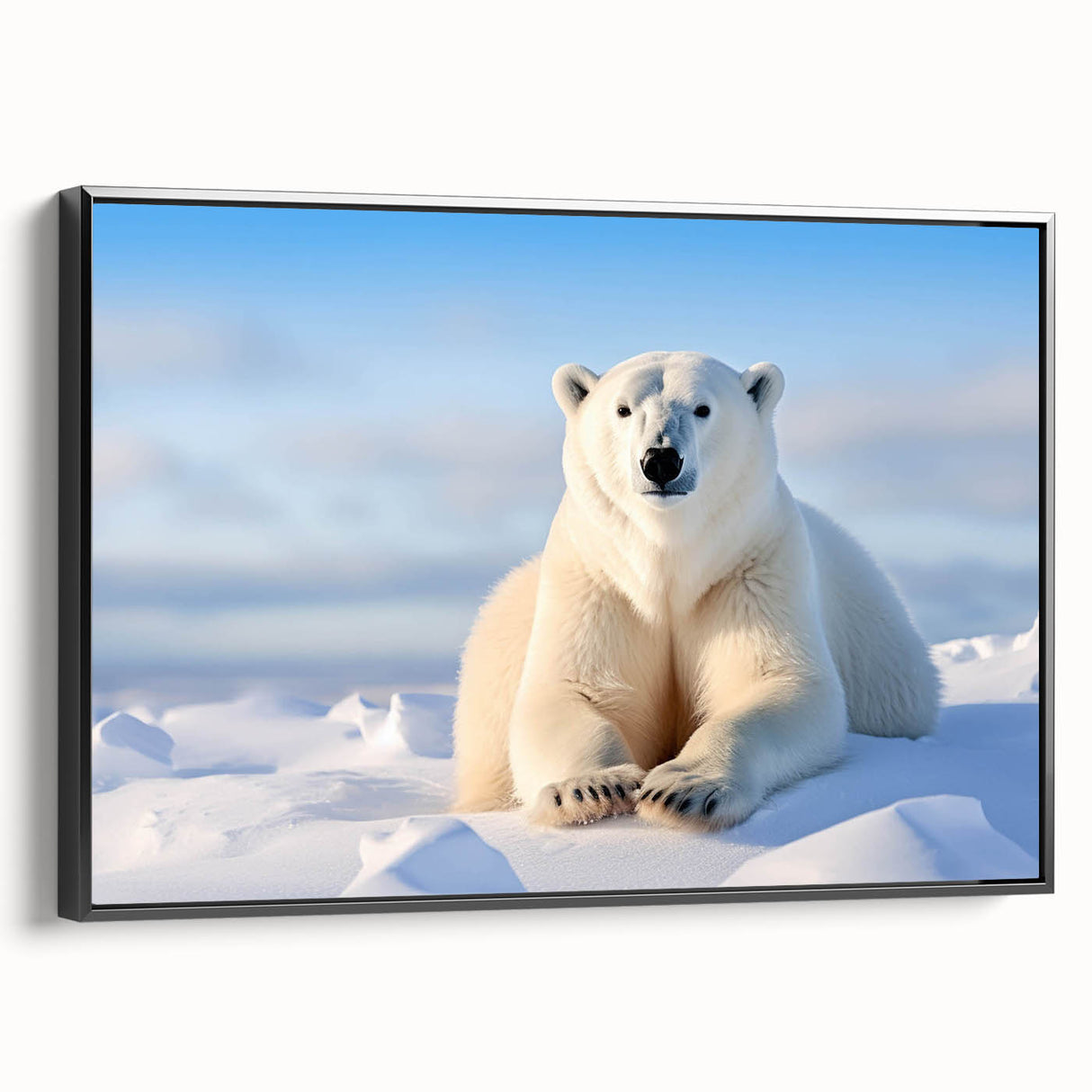 Framed polar bear wall art featuring a striking black and white design with a sleek side view, perfect for enhancing modern home decor and wildlife-themed spaces.