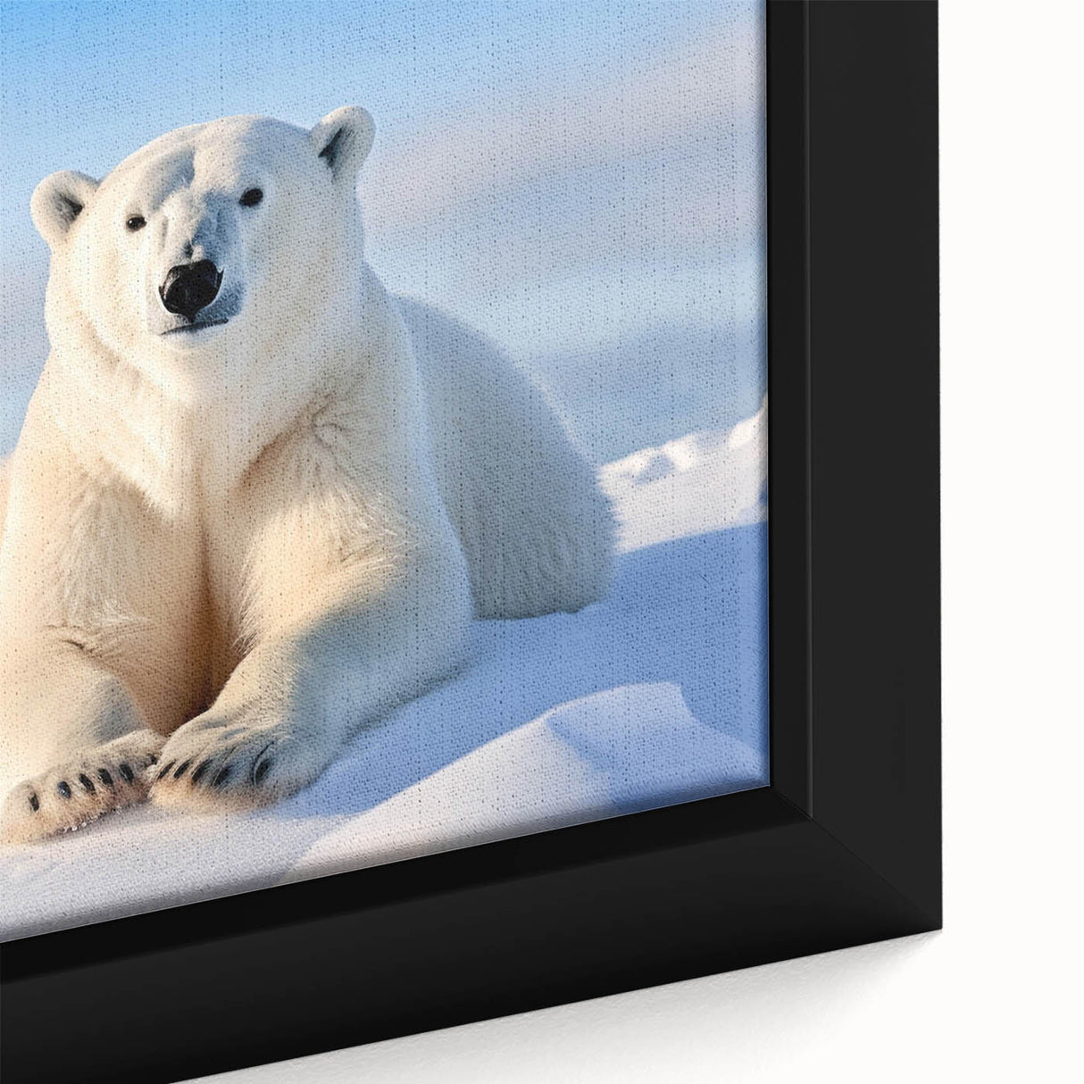 Close-up of a framed canvas wall art piece featuring a detailed polar bear design, showcasing intricate textures and vibrant colors, ideal for wildlife enthusiasts.