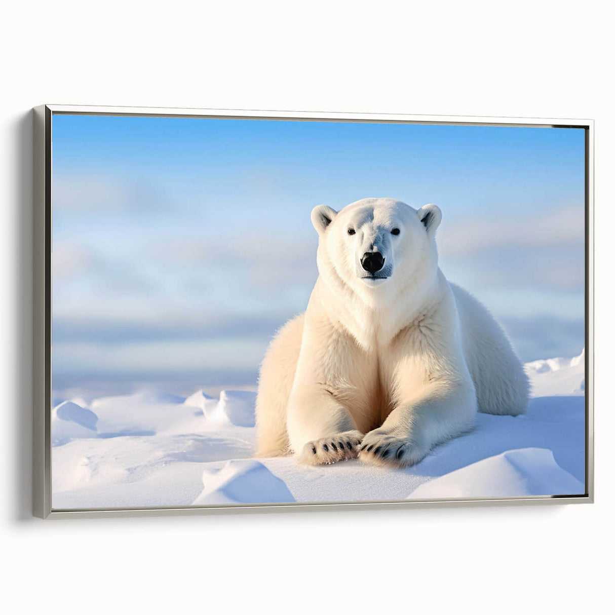 Framed canvas wall art featuring a polar bear design in a silver frame, showcasing intricate details and vibrant colors, ideal for wildlife enthusiasts and modern decor.