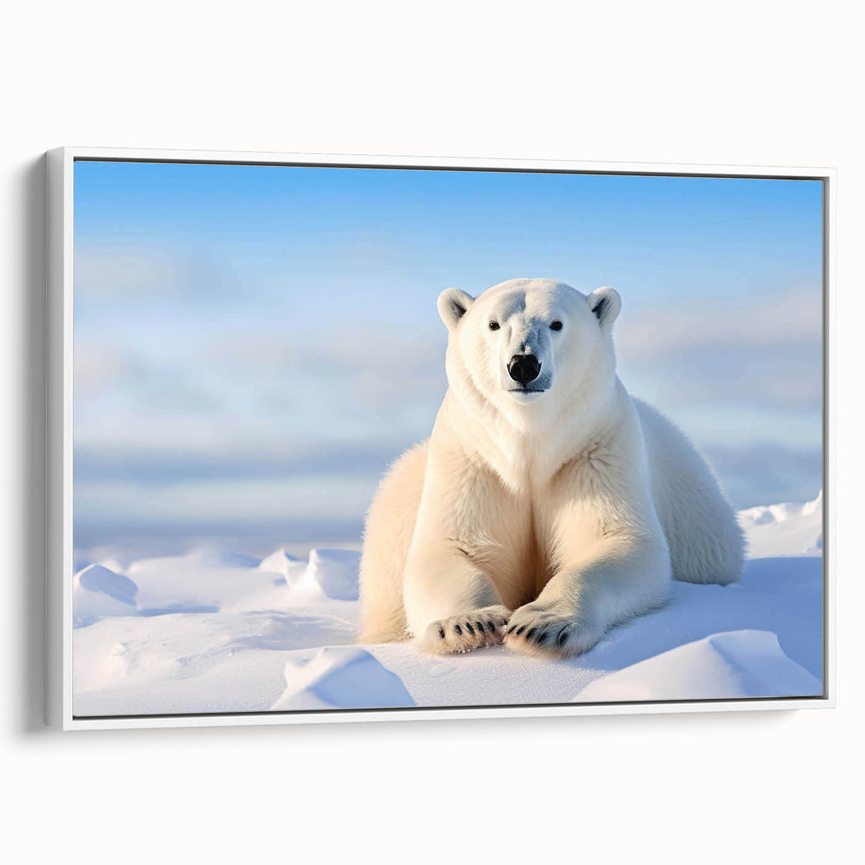 Framed canvas wall art featuring a polar bear design in a white frame, showcasing the animal's majestic posture and detailed fur against a minimalist backdrop, perfect for wildlife-themed decor.